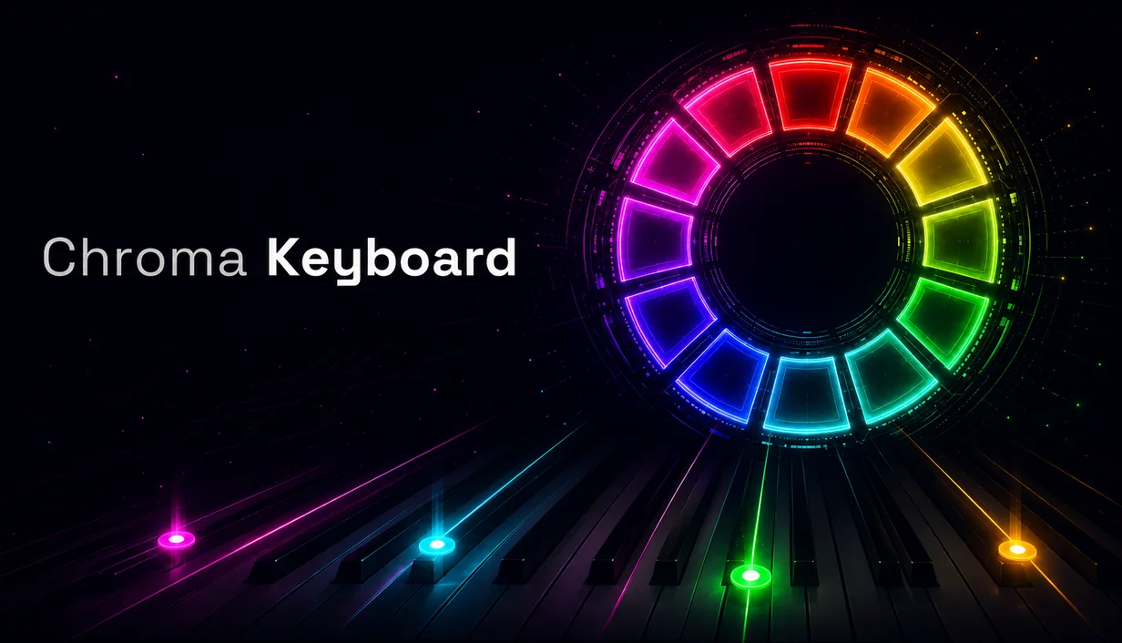 Chroma Keyboard key art: a twelve-segment colour wheel in neon, glowing above a piano keyboard.